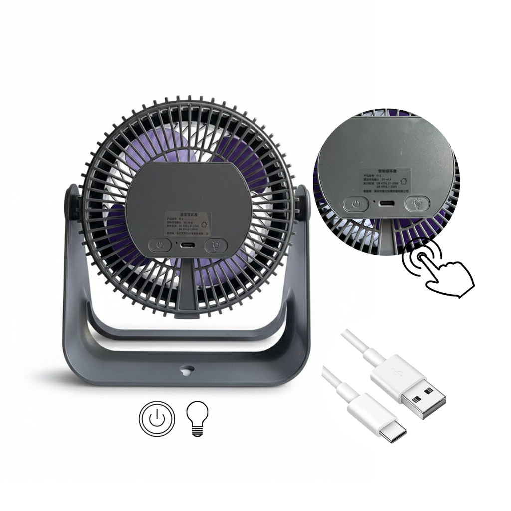 Ventilador de Mesa portátil 4 niveles con carga USB,Luz interna y movimiento 360°
