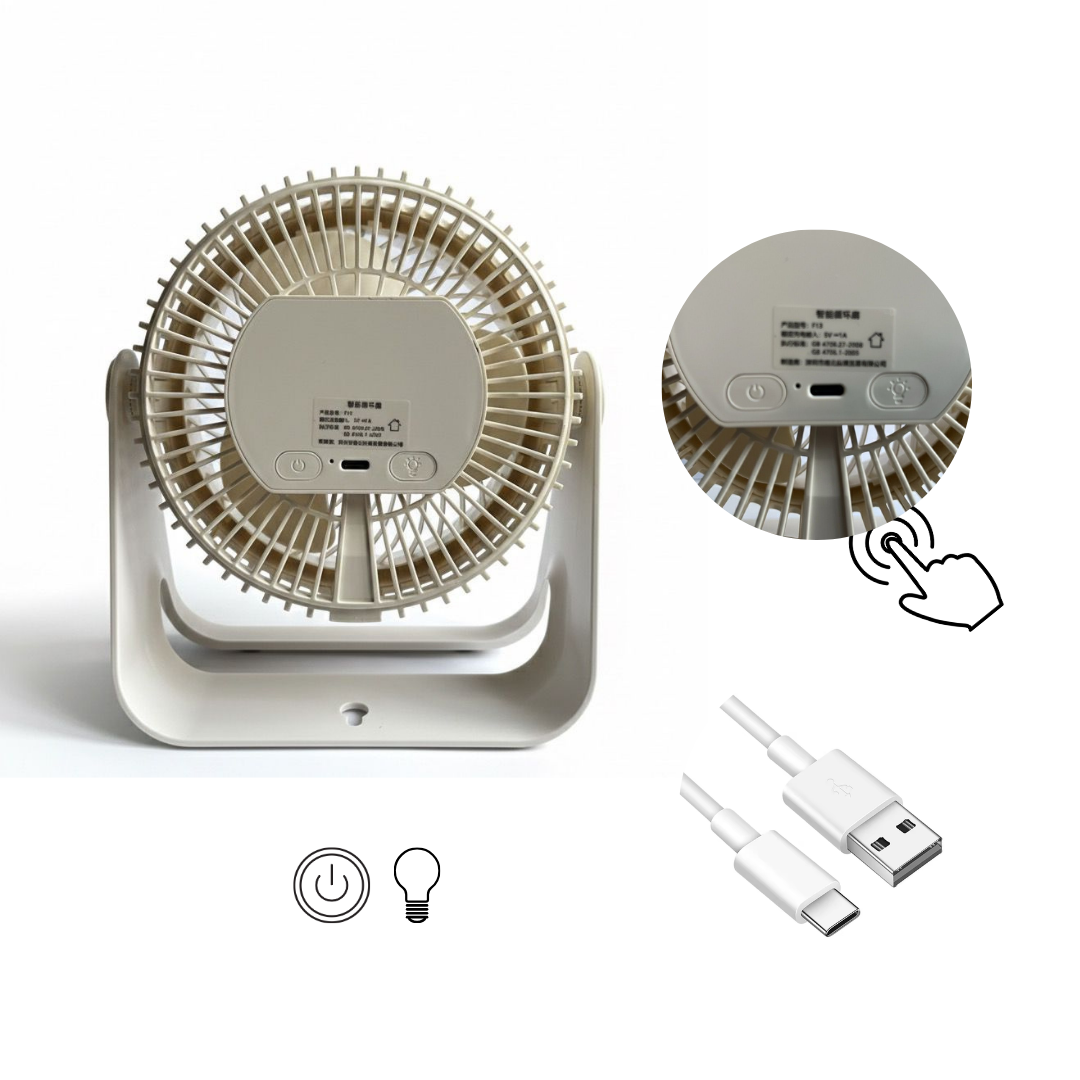 Ventilador de Mesa portátil 4 niveles con carga USB,Luz interna y movimiento 360°