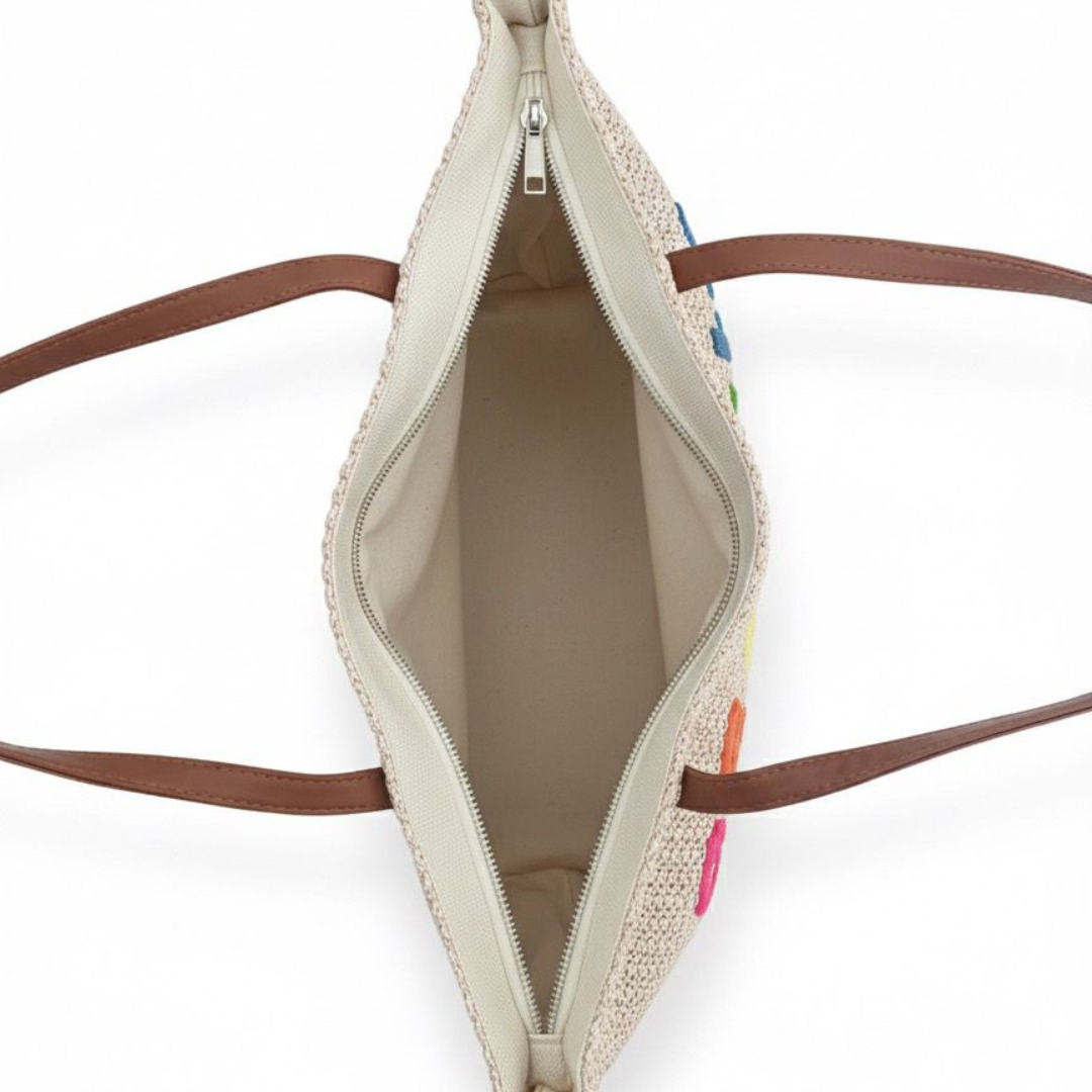 Bolso Tote de Playa Mujer con Asas Marrones y letras de colores